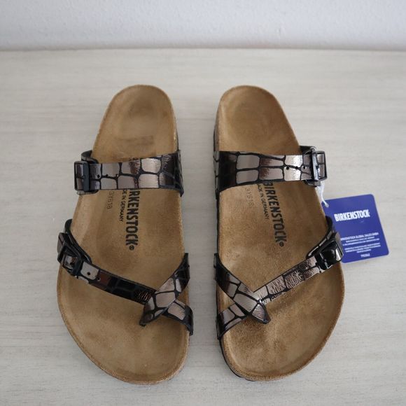 Birkenstock Women Sz 41 US 10-10.5 Gator Gleam Black Single Toe Loop Sandals - Picture 2 of 12